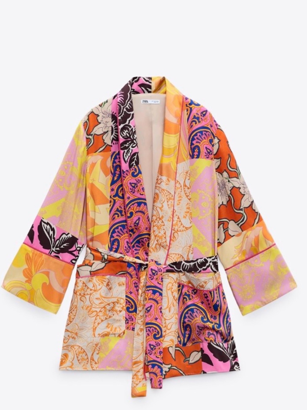 Zara Colorblock Paisley Satin Wrap Robe - Multi